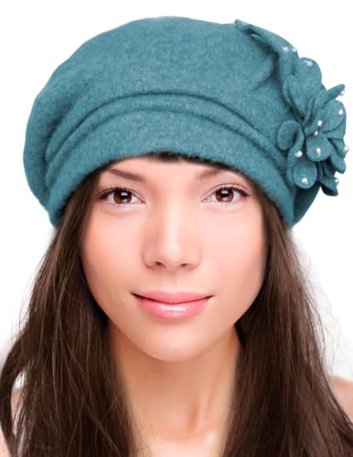 Dahlia Women's Winter Hat - Wool Cloche/Bucket Hat, Slouch, Flower - color: Teal Blue