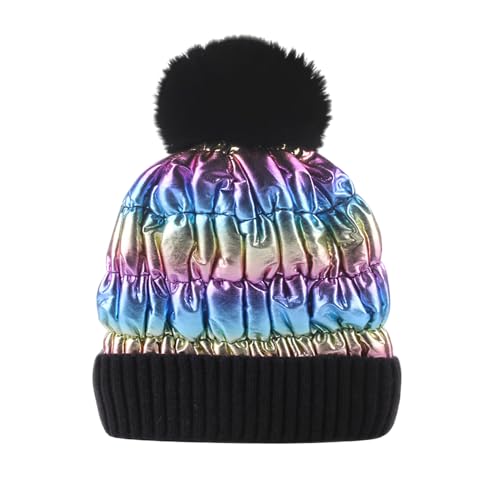 WITHMOONS Winter Pom Beanie Shiny Metallic Fleece Knit Hat Slouchy Cap YZP0255 - color: Rainbow