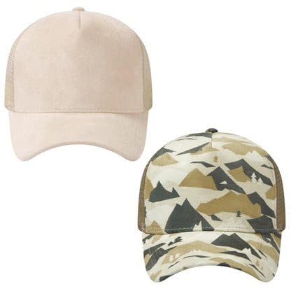Suede Curved Brim Trucker Cap Adjustable Snapback Hat Mesh Back Breathable for Men Women 2 Pack SH03 - color: Pack of 2, Bleached Sand & Mountain Camo