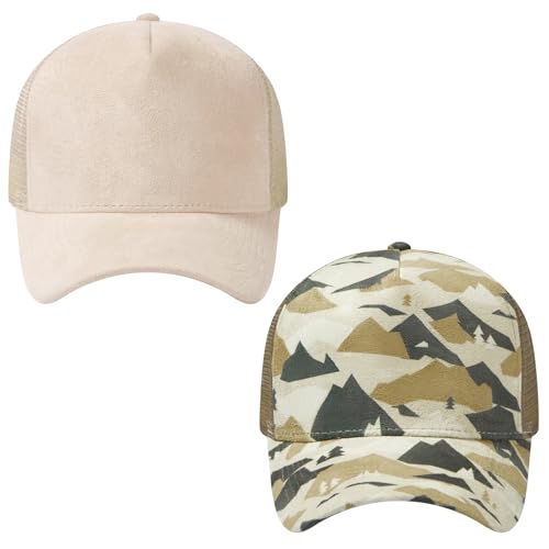 Suede Curved Brim Trucker Cap Adjustable Snapback Hat Mesh Back Breathable for Men Women 2 Pack SH03 - color: Pack of 2, Bleached Sand & Mountain Camo