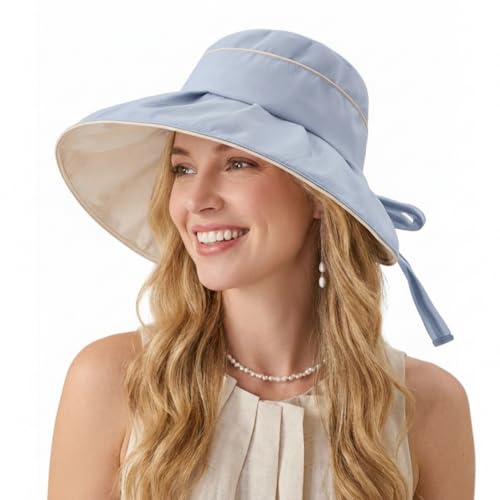 Women Summer Sun Hats Wide Brim Foldable Packable UPF 80+ UV Protection Travel Beach Outdoor Bucket Hat Bow Tie - color: Blue