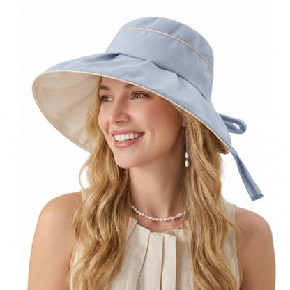 Women Summer Sun Hats Wide Brim Foldable Packable UPF 80+ UV Protection Travel Beach Outdoor Bucket Hat Bow Tie - color: Blue