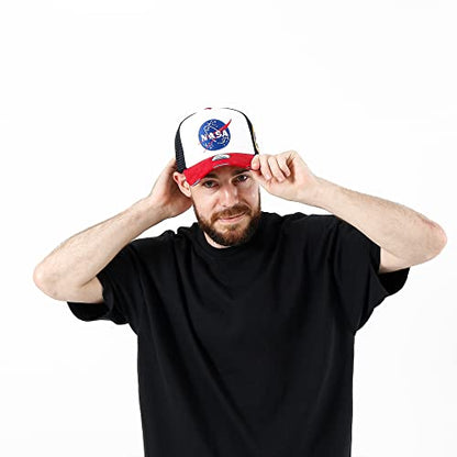 ililily NASA Meatball Logo Embroidery Baseball Cap Apollo 1 Patch Trucker Hat - color: Red & White - Premium, size: Large