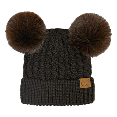 C.C Hatsandscarf Exclusives Cable Knit Double Pom Winter Beanie (HAT-2055)(HAT-23) - color: Chocolate-color Natural Pom