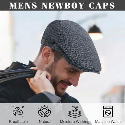 Senker Fashion 2 Pack Newsboy Cap for Men, Wool Blend Tweed Flat Cap - color: Black Blue