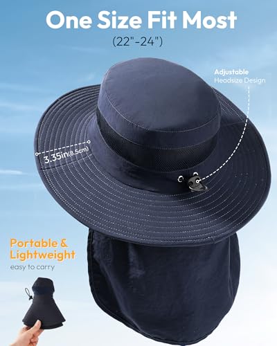 Sun Hats for Men Wide Brim Bucket Hat with Neck Flap for Fishing & Hiking Mens Sun Hat for UV Protection - color: Navy Blue