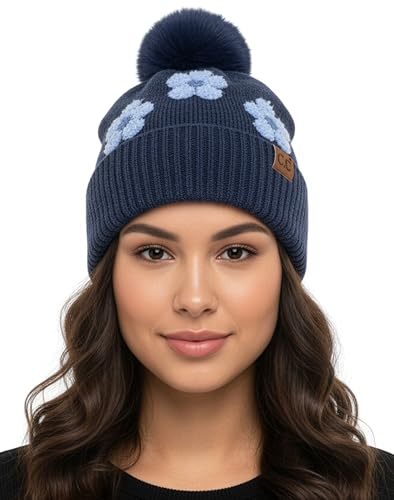 Funky Junque Beanie for Women Ultra Soft Chenille Faux Fur Pom Pom Winter Hats Warm Ski Cap Fashion - color: Daisy - Navy