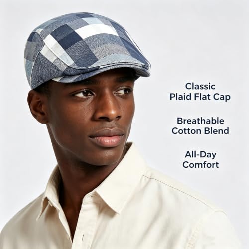 Flat Cap for Men Cotton Plaid Ivy Newsboy Hat Driving Golf Cap - color: Blue
