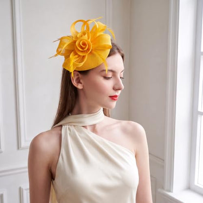 Flower Fascinator Hat Headband Clip for Women Tea Party - color: Yellow-02