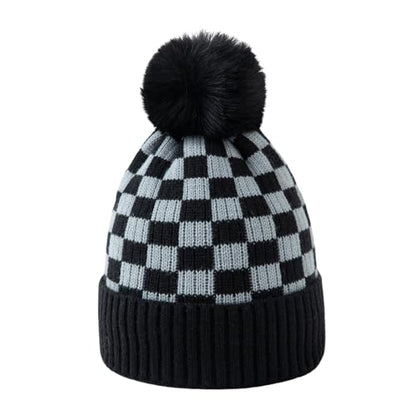 Unisex Classic Checkered Beanie Cuffed Winter Warm Knitted Plaid Hat with Pompom - color: Black Grey