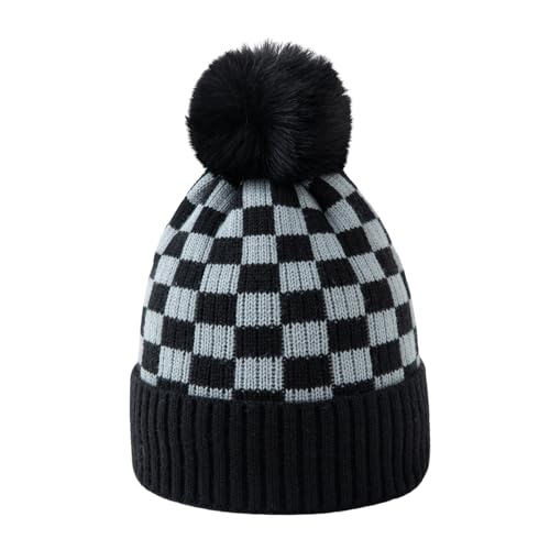 Unisex Classic Checkered Beanie Cuffed Winter Warm Knitted Plaid Hat with Pompom - color: Black Grey
