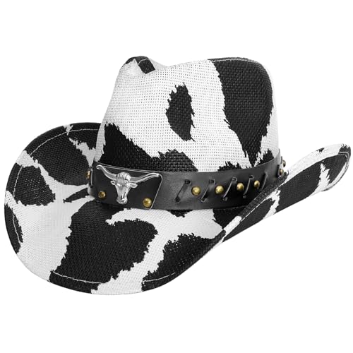 WQWOVRVO Cowboy Hat,Cowgirl Hat,Western Cowboy Hats for Women/Mens/Straw Wide with Shapeable Brim Cowboy Hat for Womens - color: Black Cow Pattern