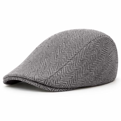 Premium Men’s Tweed Newsboy Flat Cap – Classic Herringbone Ivy Gatsby Winter Hat - color: Grey