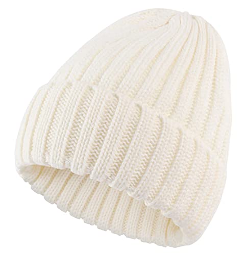 Connectyle Women's Rib Knit Cuffed Beanie Hat Stretch Acrylic Winter Hat Thick Warm Snow Ski Cap - color: White
