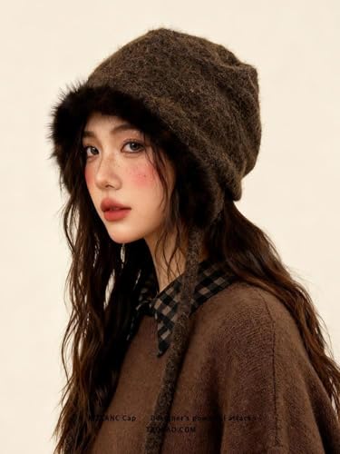 Women Winter Fleece Beanies Hat with Ear Flaps Soft Warm Crochet Skull Cap - color: B Coffee