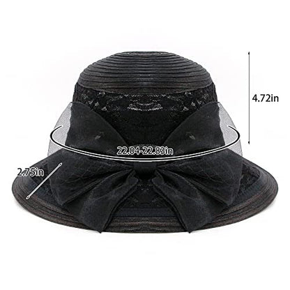 Haoohu Women's Church Derby Hat Wide Brim Bow Bucket Hat Wedding Dress Hat Fascinator Bridal Tea Party Hat - color: Mb Black