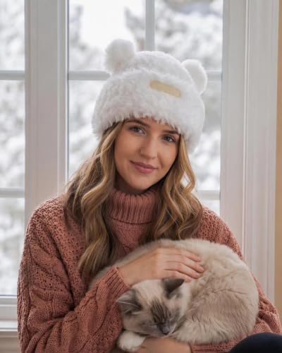 Cute Fuzzy Bear Ears Beanie Hat with Pompom Women's Furry Beanie - color: White