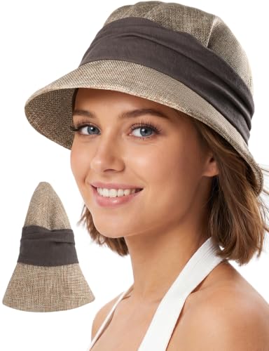 Babalet Women Summer Bucket Sun Hat Lightweight Beach Faux Linen Blend Bucket Hat Adjustable Foldable UV Protection Beach Cap - color: Marled Beige / Brown Band