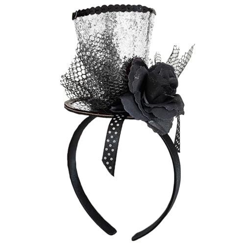 WLBON Halloween Mini Top Hat Headband 1920s Flower Sequins Hair Hoops Bands Fascinator Headpiece Hairband Women Christmas Holiday Festival Parade Cosplay Dress Up Birthday Tea Party Accessories Silver - color: Silver Tone