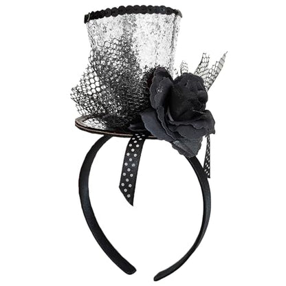 WLBON Halloween Mini Top Hat Headband 1920s Flower Sequins Hair Hoops Bands Fascinator Headpiece Hairband Women Christmas Holiday Festival Parade Cosplay Dress Up Birthday Tea Party Accessories Silver - color: Silver Tone