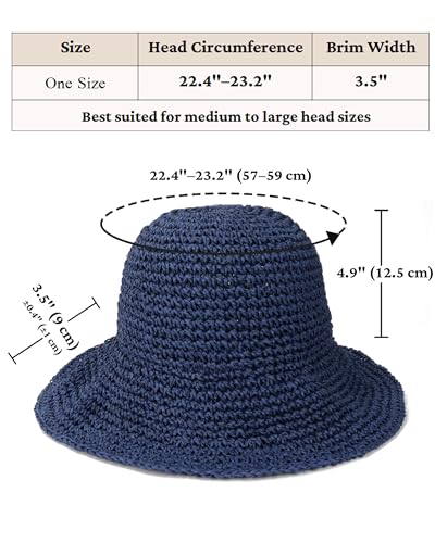 Womens Crochet Straw Sun Hat Foldable Floppy Wide Brim Beach Hat for Summer - color: Dark Blue
