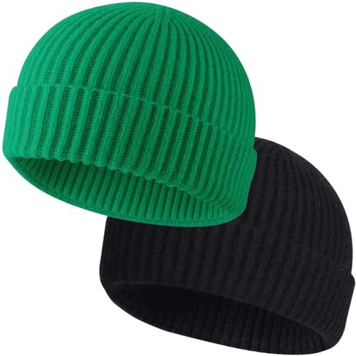 ROYBENS Wool Fisherman Beanies for Men Knit Short Watch Cap Winter Warm Hat - color: 2pcs Black+ Kelly Green