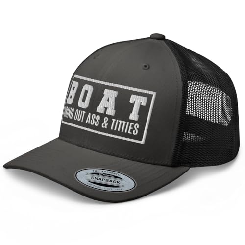 NG Boat Bring Out Ass and Titties Curved Bill Trucker Hat Mid Crown Adjustable Funny Adult Humor Cap - color: Charcoal/ Black