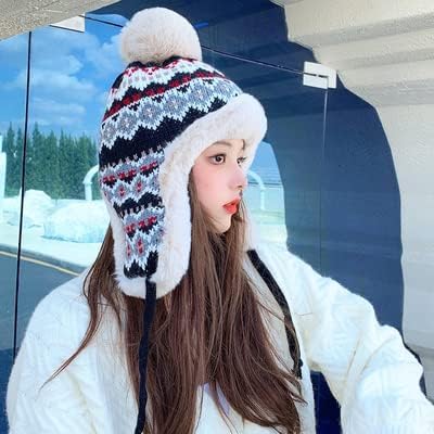 Holiberty Womens Winter Knit Beanie Hat Ladies Fur Pom Poms Ears Warm Slouchy Snow Ski Cap Fleece Thermal Ushanka Trapper Hat - color: Black, Jacquard Pattern