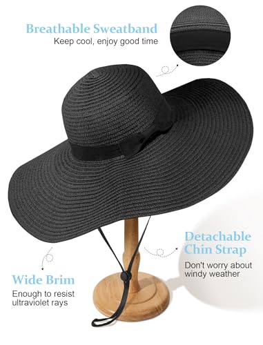 Floppy Sun Hats for Women, Summer Wide Brim Straw Beach Hat - color: Black, size: X-Large