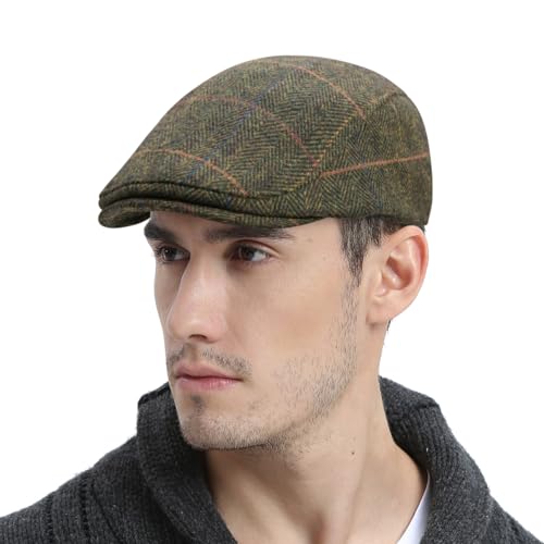 FEINION Men Wool Blend Flat Cap Tweed Newsboy Ivy Hat - color: Plaid Green