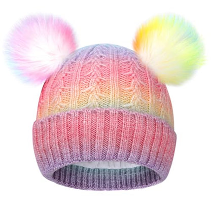 Girls Rainbow Pom Pom Beanies Hats Winter Knit Fleece Lined Beanie Hat for Kids Outdoor Snow Ski Skull Cap Age 7-12 - color: Pompom-multi Rainbow(fleece Lined)