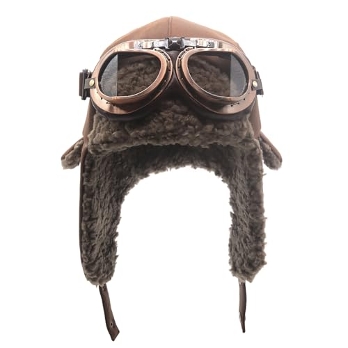 Adults Vintage Aviator Hat Trapper Cap - color: Brown Hat+clear Lenses