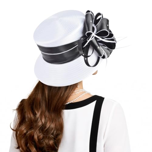 2026 Bucket Hats for Women Ladies Girls, Autumn Winter Fascinator Hat for Derby Kentucky Church Bridal UV Protection - color: A-4585b-white/Black