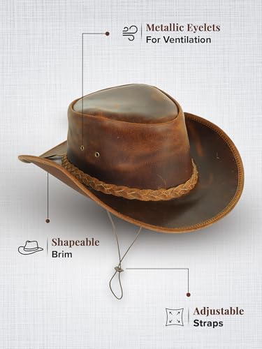 Genuine Leather Cowboy Hat for Men & Women – Western Outback Hat with Chin Strap & Sun Protection - color: Brown, size: X-Large