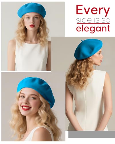 French Beret Hats for Women - Wool Solid Color Beanie Cap - color: Turquoise Blue