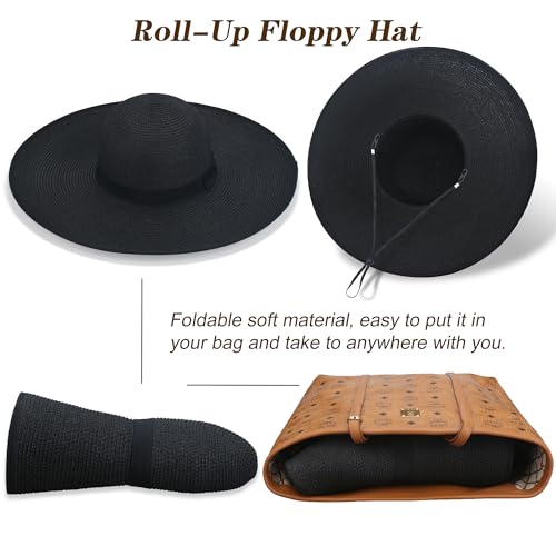 Women Wide Brim Sun Hat UPF50 Straw Summer Hat Floppy Beach Hat Roll-Up - color: Black