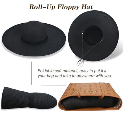 Women Wide Brim Sun Hat UPF50 Straw Summer Hat Floppy Beach Hat Roll-Up - color: Black