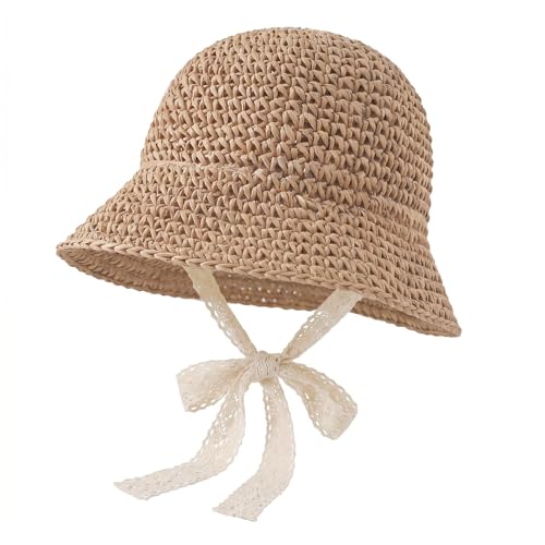 리본이 달린 유아용 밀짚 모자, UPF 50+ 접이식 해변 햇빛 차단 캡 아기용 - color: 심플 카키, size: 2-5T
