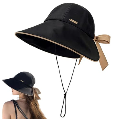 Wide Brim Hats for Woman Foldable Hats Sun Hats for Women uv Protection Bowknot Bucket hat Adjustable hat with Ponytail Hole - color: Black