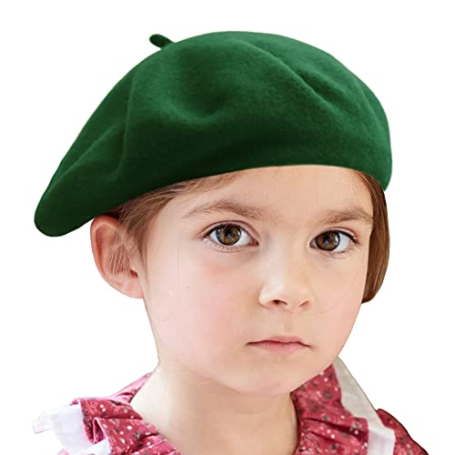 Wheebo Berets for Kids Wool French Beret Hats Artist Painter Hats for Little Girls Boys Solid Color Style - color: Dark Green