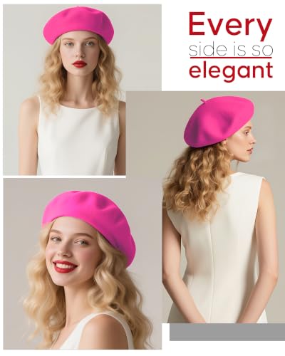 French Beret Hats for Women - Wool Solid Color Beanie Cap - color: Rose Red