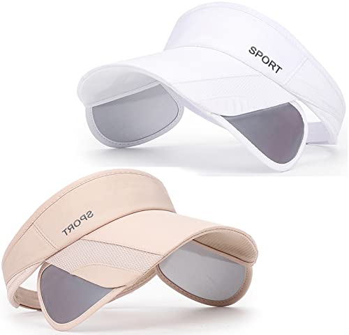 Sun Visor Hat for Women and Men - Retractable Brim Sport Hat, Summer Golf Tennis Running Beach Hat with Ponytail Hole - color: Z-2 Pack Beige White
