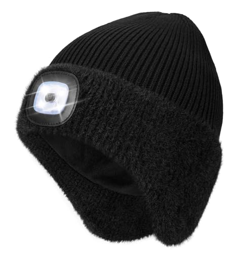 MELASA Winter Fleece Lined LED Beanie with Earflap, Warm Hats with Light - color: Black