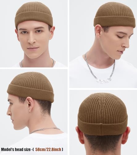 Wool Fisherman Beanie for Men Wome, Thin Knit Winter Hats Skull Cap - color: Khaki
