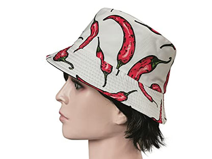 Unisex Corn Mushroom Pepper Ice Cream Seamless Print Bucket Hat - color: Pepper (White Red)