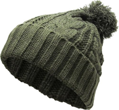 KBETHOS Women's Winter Warm Thick Oversize Knitted Beanie Hat with Pom Pom - color: Olive Cable Knit Pom Beanie