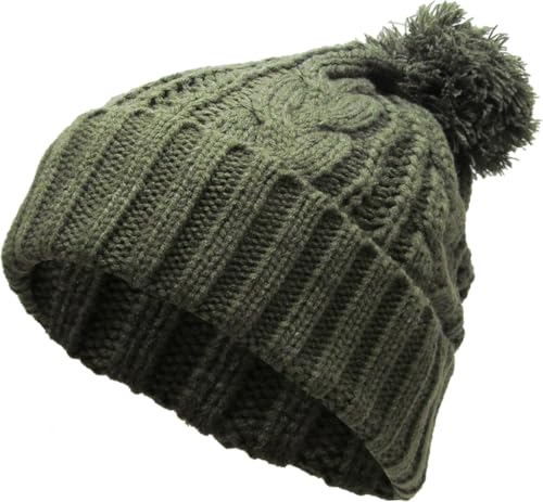 KBETHOS Women's Winter Warm Thick Oversize Knitted Beanie Hat with Pom Pom - color: Olive Cable Knit Pom Beanie