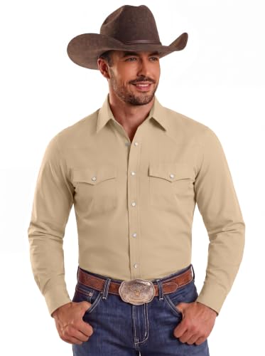 COOFANDY Men's Western Cowboy Shirts Casual Button Down Shirt Long Sleeve - color: Khaki, size: Medium