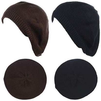 BYOS Chic French Style Lightweight Soft Slouchy Knit Beret Beanie Hat in Solid - color: 2-pack Brown & Black