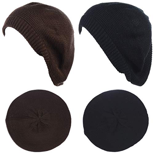 BYOS Chic French Style Lightweight Soft Slouchy Knit Beret Beanie Hat in Solid - color: 2-pack Brown & Black